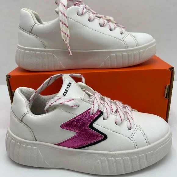 Geox Kids White Leather Sneakers with Pink Lightning Bolt with orthopedic insole - Picture 16 of 16